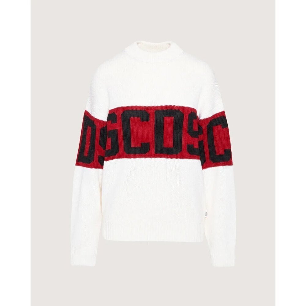 GCDS Unisex Large Ivory Off-White Band Sweatshirt Logo Stripe Knit Sweater $560